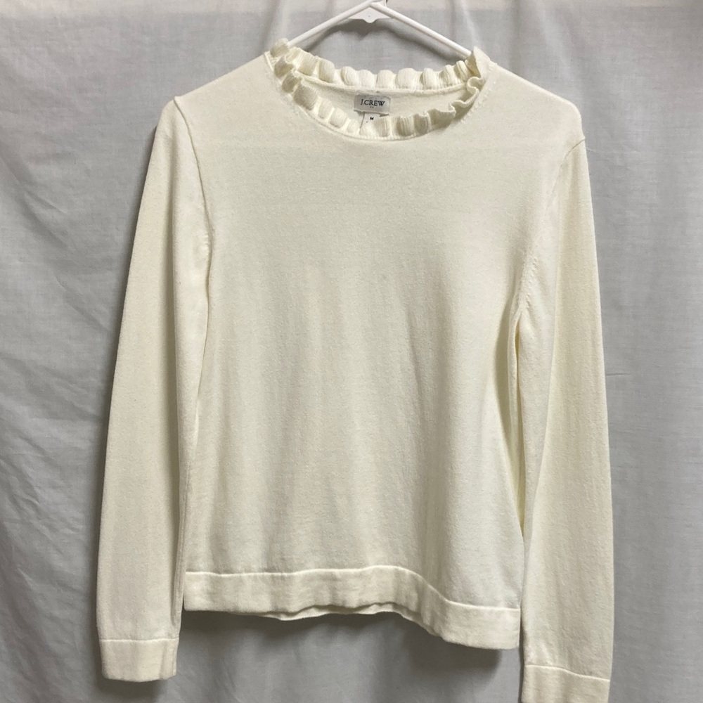J. Crew Cream Long Sleeve Ruffle Neck Top